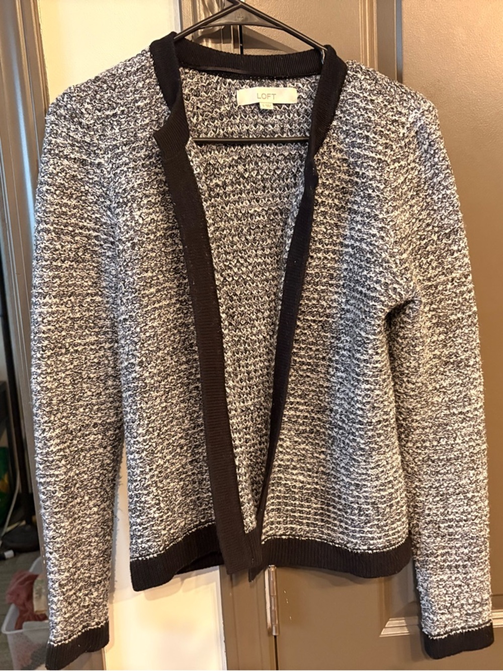 LOFT Black and White Marled Open Cardigan with Black Trim